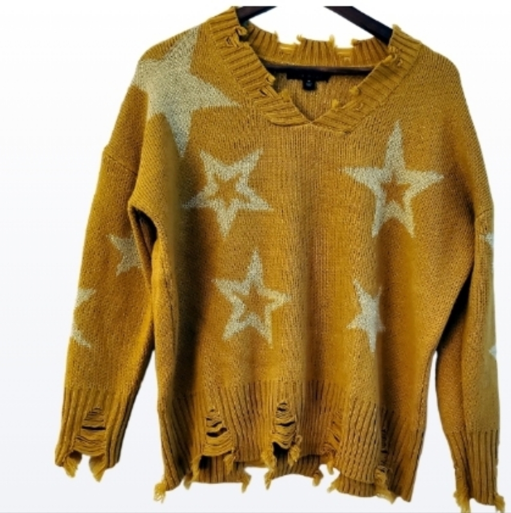 Say What V neck Mustard Yellow Star Distessed Sweater M NWOT